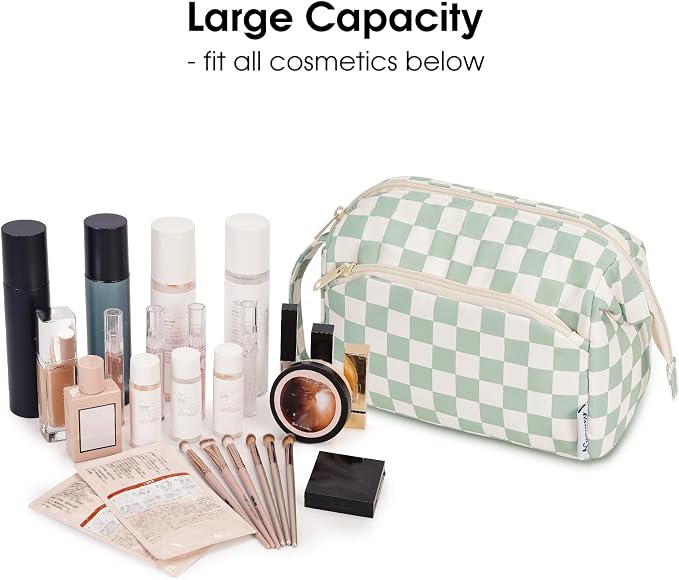 Narwey Makeup Bag Women Girls, Travel Toiletry Bag for Women Cosmetic Bag Organizer Make up Bag with Compartments Toiletries Medicine Bag (Mint Green Checkerboard) - Image 3
