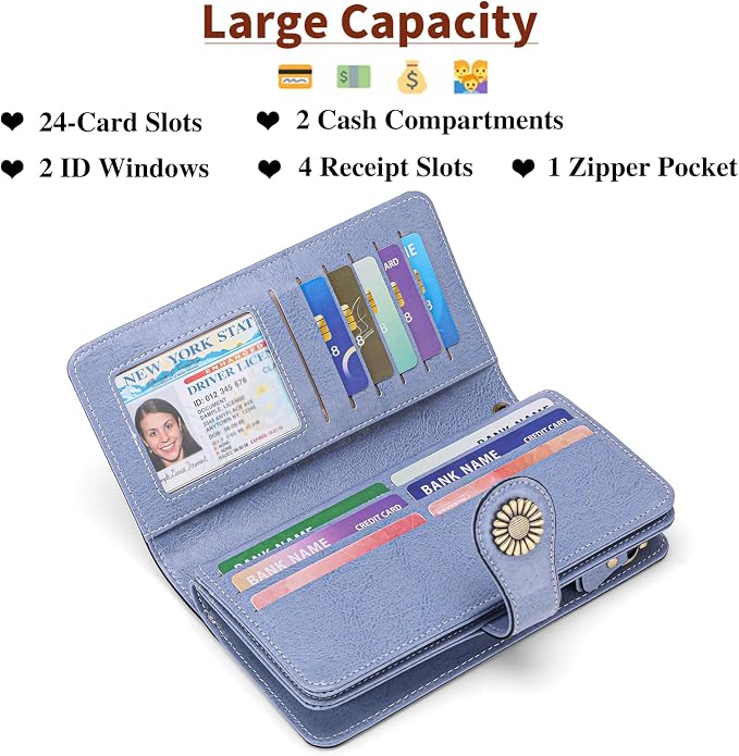 SENDEFN Wallets for Women Leather Credit Card Holder with RFID Blocking Large Capacity Wristlet | with RFID Blocking - Image 2