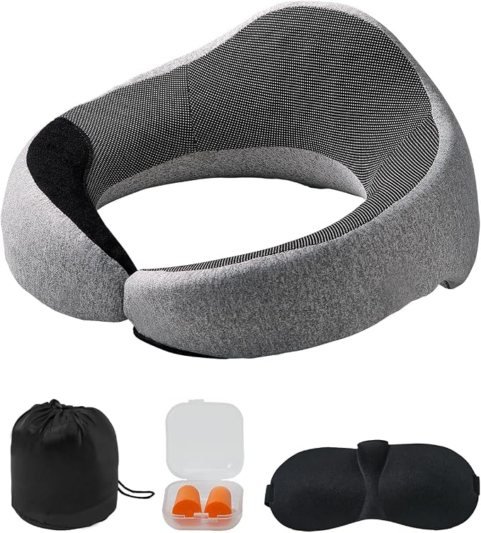 VEVOR Travel Pillow, Double-Layered 3D Support Neck Pillow for Traveling, 360° Flexible Rotation Upgraded Memory Foam Travel Neck Pillow with Eye Mask, Earplugs, Earplug Case, Storage Bag(Black-Gray) by VEVOR
