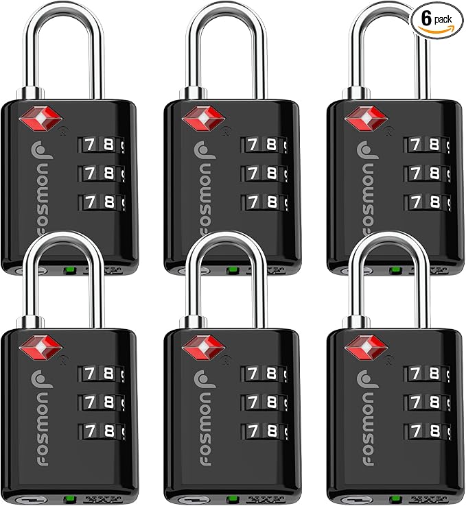 Fosmon TSA Approved Luggage Locks, 3 Digit Combination, 6 Pack Black | Open Alert Indicator, Durable Alloy Body, Backpack Zipper Anti Theft, Gym Locker Suitcase Padlock, Gun Case Travel Security by Fosmon