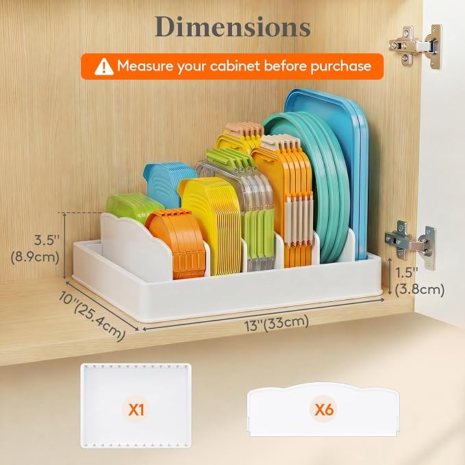 Lifewit Kitchen Cabinet Organizer for Food Contanier Lid with 7 Sections | Lid Holder with 6 Adjustable Dividers for Pantry Organizers and Storage, Home Drawer Organization, White, Large, 13" x 10" - Image 3