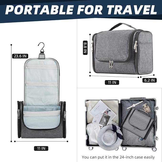 Buruis Hanging Toiletry Bag for Women and Men, Cosmetic Bag, Oxford Gray | Honeycomb Nylon Design, Large Capacity, Dual Zippers, Sturdy Hanging Hook, Full-Size Toiletry Storage, Cosmetic Essentials - Image 3