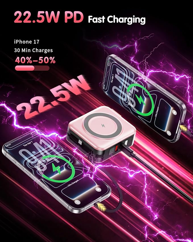 10000mAh for Magsafe Portable Charger Built-in Cables & AC Wall Plug,Pink | 6-in-1,PD 22.5W USB C Fast Charging,15W Magnetic Wireless Charging,Charge 5 devices at once,LED Display Travel Power Bank - Image 6