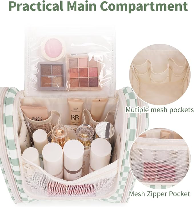 Narwey Travel Toiletry Bag for Women, Checkered Large Hanging Makeup Bag Organizer Cosmetic Make up Bags for Women, Travel Bag for Toiletries (Mint Green Checkerboard) - Image 3