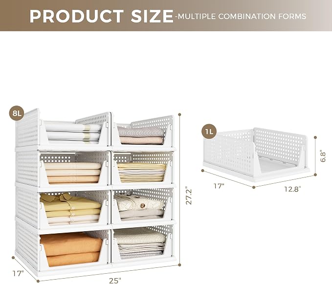 8 Pack Closet Organizer Storage Bins Stackable Plastic Drawer Shelf | Basket for Clothing Stackable Storage Bins Shelf Storage Container for Closet Wardrobe Bedroom Bathroom Office White Foldable - Image 2