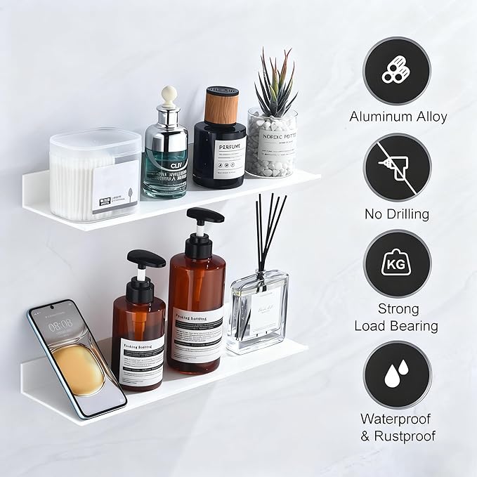 HNVNER Adhesive Floating Shelves for Wall 2 Pack, Metal Shower Shelf 40cm | White Bathroom Wall Shelf, Screw/No Drilling, Renter-friendly, Rustproof & Waterproof, Supports 5kg, Wall Storage Decoration - Image 4