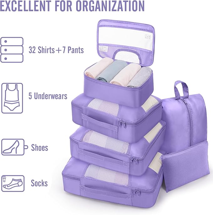Veken 8 Set Packing Cubes for Travel Essentials,Anti-Wrinkle Buckled Suitcase Organizer for Shoe & Toiletry Bag,Carry On Luggage Bag with 99+ Count Mesh Holes for Airplane & College Dorm Accessories - Image 5