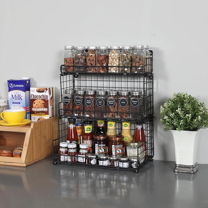 X-cosrack Stackable Wire Basket 3 Tier Countertop& Wall Mounted Metal Storage Basket for Kitchen Pantry Cabinet, Muti-functional Open Front Bin Organizer for Food Fruit Snack, Black - Image 9