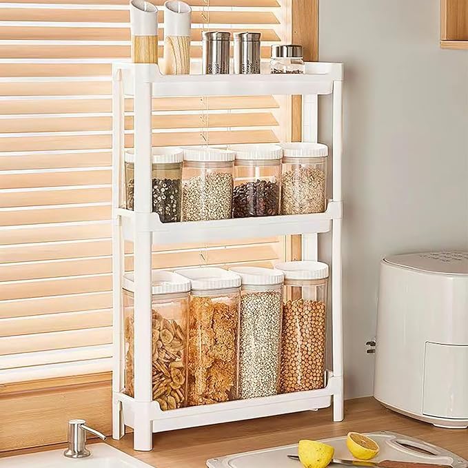 Slim Rolling Storage Cart with Wheels, Narrow Bathroom Cabinet Organizer for Small Spaces,Thin Shelf Unit,Kitchen,White (3 Tier) - Image 2