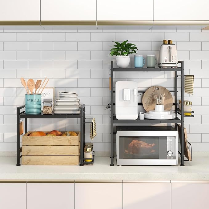 Expandable Microwave Stand Kitchen Countertop Organizer With Storage, Black | Adjustable Microwave Oven Rack Metal Storage Shelf for Pans Small Appliances Kitchen Utensils Tableware, 2-Tier - Image 6
