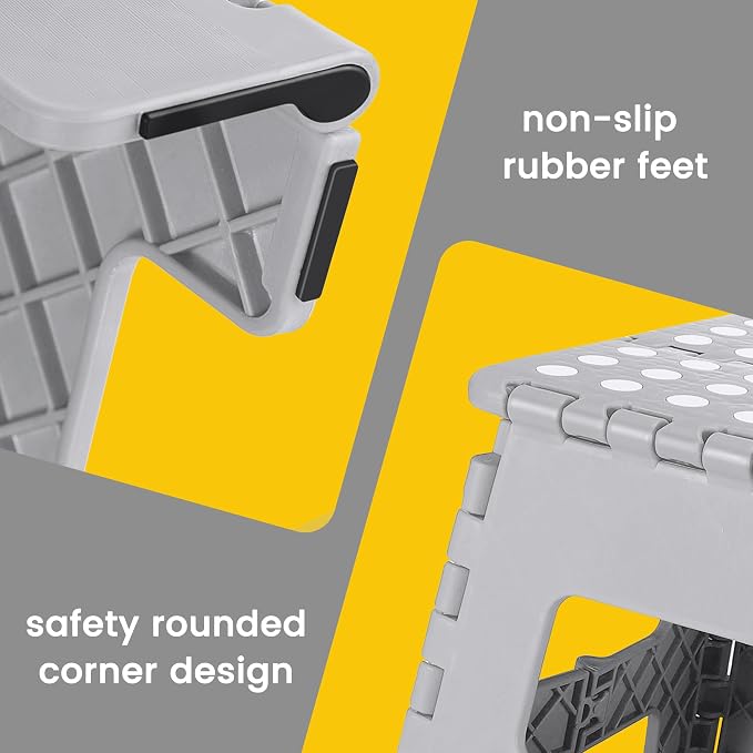 13" Folding Step Stool, Non-Slip Foldable Stools for Adults, Gray | Heavy Duty Portable Collapsible Foot Stepping Stool, Holds 300 lb for Kitchen Bathroom Outdoor, Lightweight, Built-in Handle - Image 2