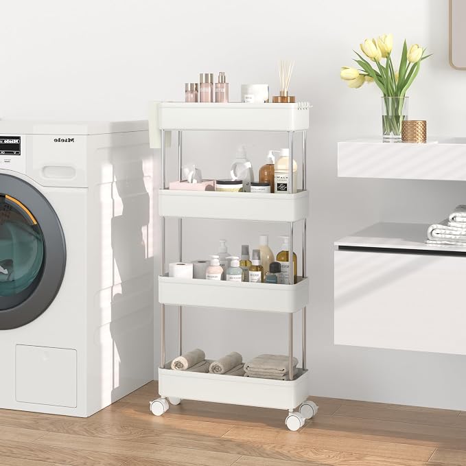 VECELO Storage Rolling Cart, 4 Tier Utility Cart Kitchen Slim Mobile Storage Unit Organizers with Wheels Hooks&Hanging Cups for Bedroom Bathroom Office Table Side in Narrow Places, White by VECELO