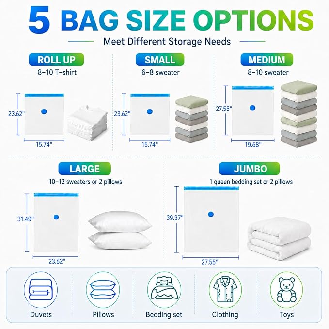 Vacuum Storage Bags,20Pack Vacuum Seal Bags for Clothing,Travel,Clothes,Comforters,Blankets,Pillows-4 Jumbo+4 Large+4 Medium+4 Small+4 Roll Up Space Saving Bag Hand Pump Inclued - Image 2
