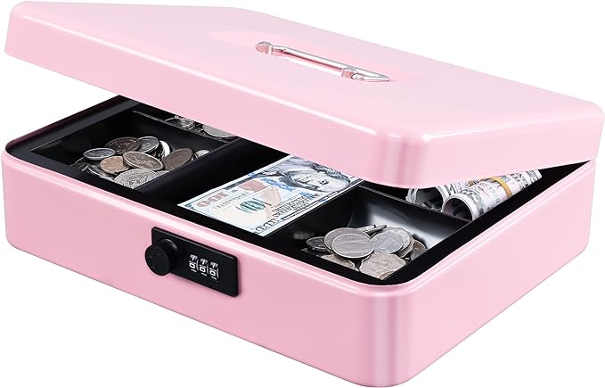 KYODOLED Metal Cash Box with Combination Lock Money Box for Cash Safe Metal Box with Money Tray for Security Lock Box 11.81"x 9.45"x 3.54" Pink X Large by KYODOLED