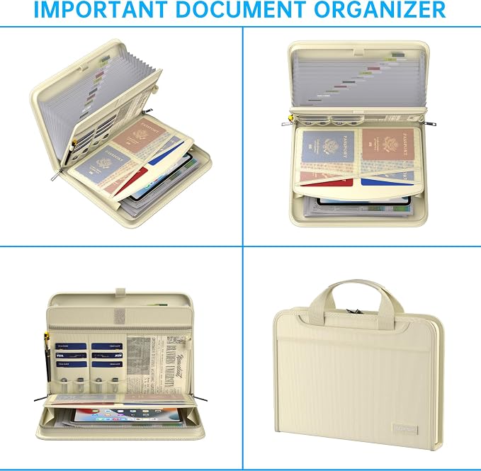 ENGPOW Accordion File Organizer,Fireproof Expanding File Folder with Multi Pockets,13 Pockets Document Organizer Bag with Handle & Labels,Portable Home Travel Safe Storage for Letter A4 Files,Beige - Image 3