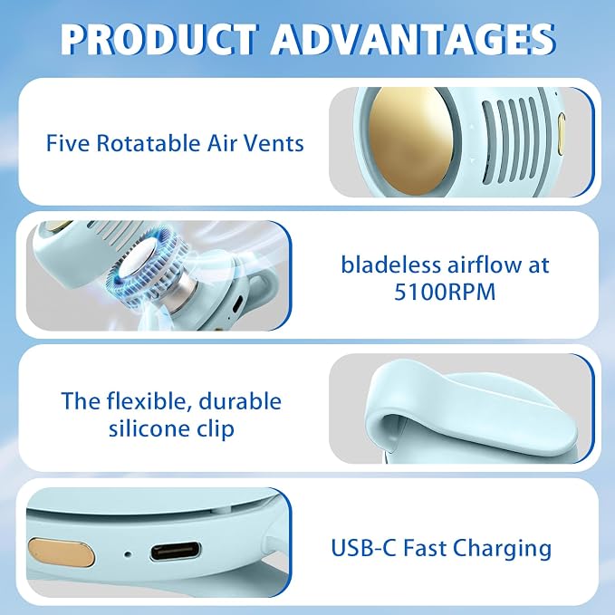 Portable Fan,Clip On Waist Bladeless, Ultra-Quiet Personal Mini Neck Fan | 3 Speeds with 360°Adjustable Clip Mini Fan Personal USB Rechargeable Small Fan for Summer - Image 3