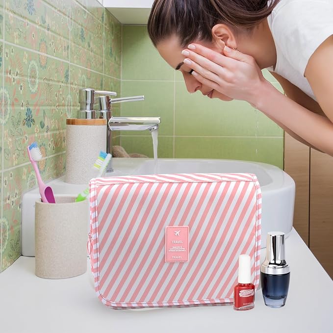 Travel Toiletry Bag for Women, Hanging Toiletry Bag with Multi-Pockets, Toiletry Bag for Traveling Easy Clean, Travel Organizer Bag Pink-strip - Image 3