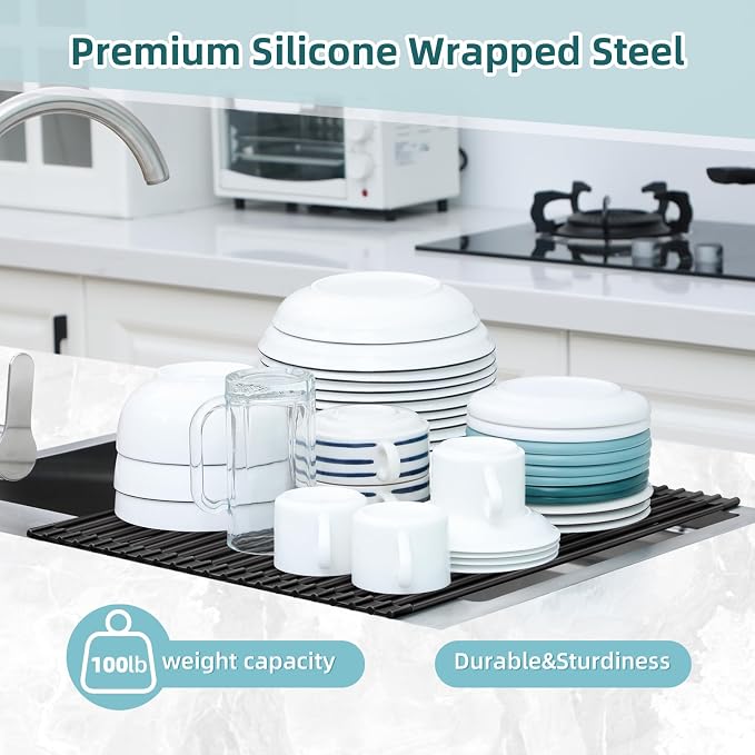 Ohuhu Over The Sink Dish Drainer Drying Rack, 17.6" W x 15.4" L Roll Up Dish Racks Kitchen Sink Organizer Silicone Wrapped Large in Sink Dish Drying Rack Foldable Rolling Drain Mats Anti-Slip - Image 7