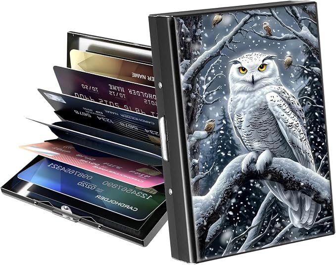 Metal Wallet,Credit Card Holder for Women Men,RFID Blocking Card Holder Mini Slim Aluminum Wallet ID Case Hard Case Business Card Holder Case,Cartoon Owl Snow by ACWDMKH
