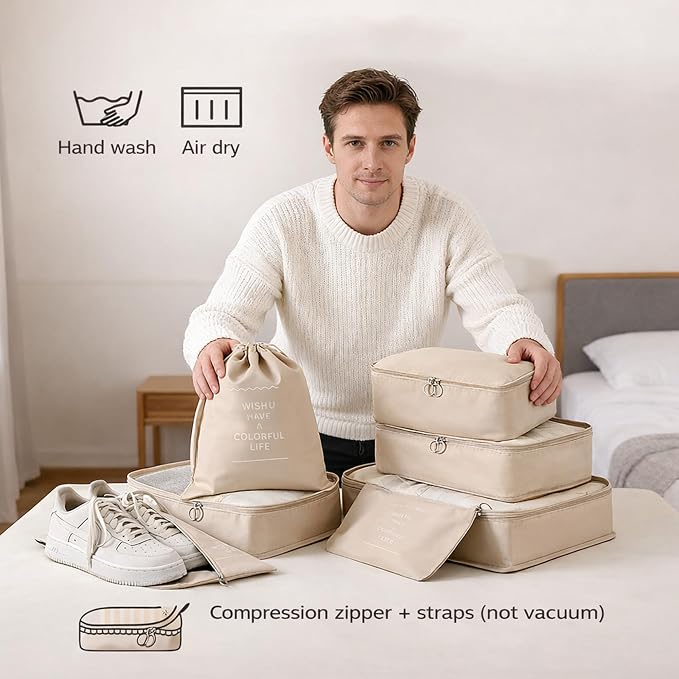 7 Set Packing Cubes For Travel | Luggage Organizer Bags With Shoe, Laundry Bag, Accessory Pouch And Lingerie Bag | Durable And Space Saving Suitcase Organizer For Travel Essentials | Beige - Image 9