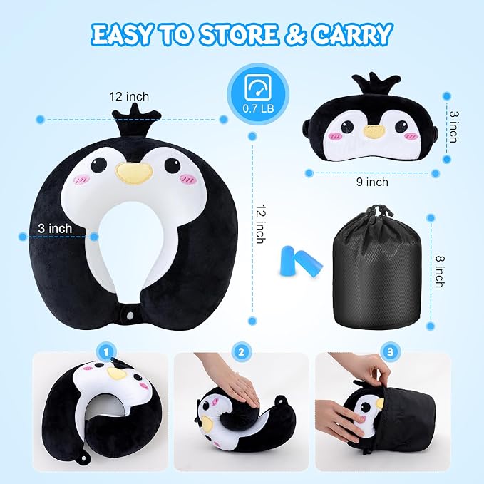 Cirorld Travel Pillow for Kids Adult Cute Neck Pillow for Traveling Memory Foam Airplane Pillow Sleep Mask Animal Flight Pillow Head Rest Neck Support for Cars Long Flights (Penguin, 9-12 Y/O) - Image 8