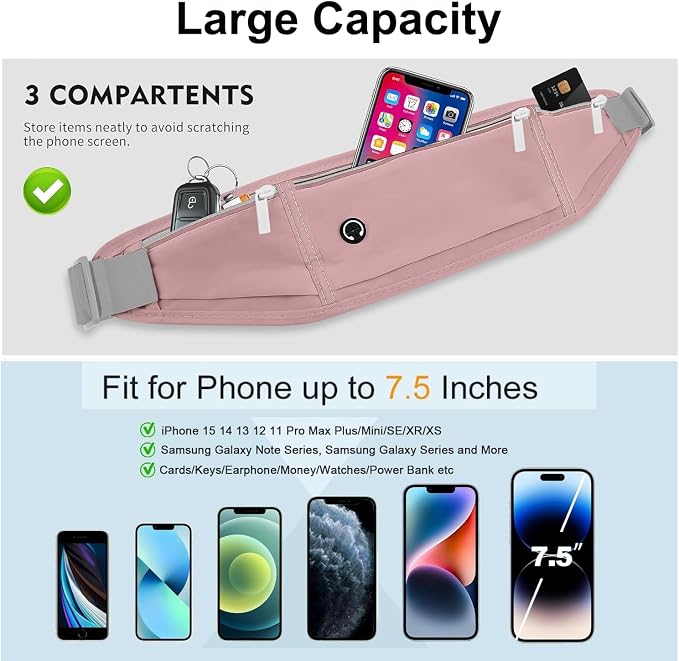 Running Belt Fanny Pack for Women，Water Resistant Large Capacity Waist Pack for iPhone 16 15 14 13 Samsung，Lightweight Running Phone Holder，Slim Money Belt Running Pouch for Hiking Outdoor Pink - Image 5