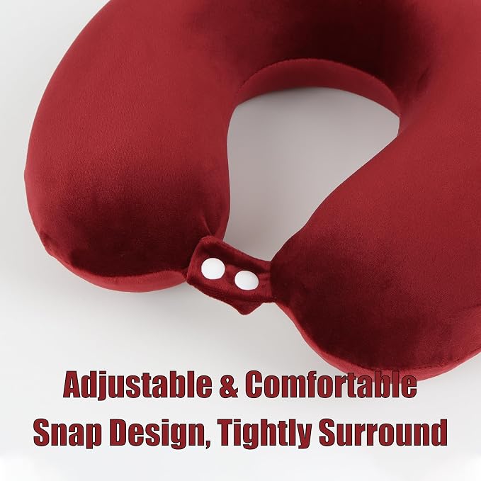 Pure Memory Foam Travel Pillow Set for Adults - Comfortable & Removable Machine Washable Cover, Neck Support Pillow Airplane Travel Kit with Eye Mask for Portable Plane Accessories -Wine Red - Image 3