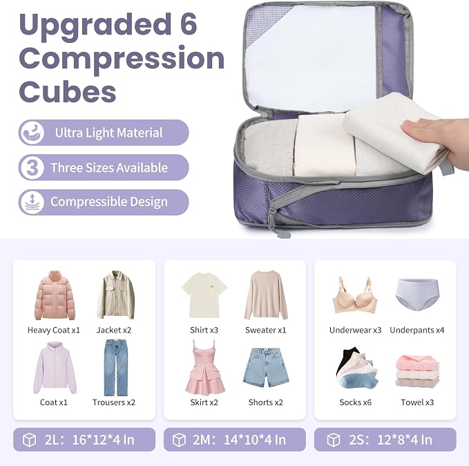 Compression Packing Cubes for Travel, Lightweight Vacation Travel Essentials, Travel Accessories for Suitcase Organizer Bags Set, Durable Luggage Organizer - Image 6