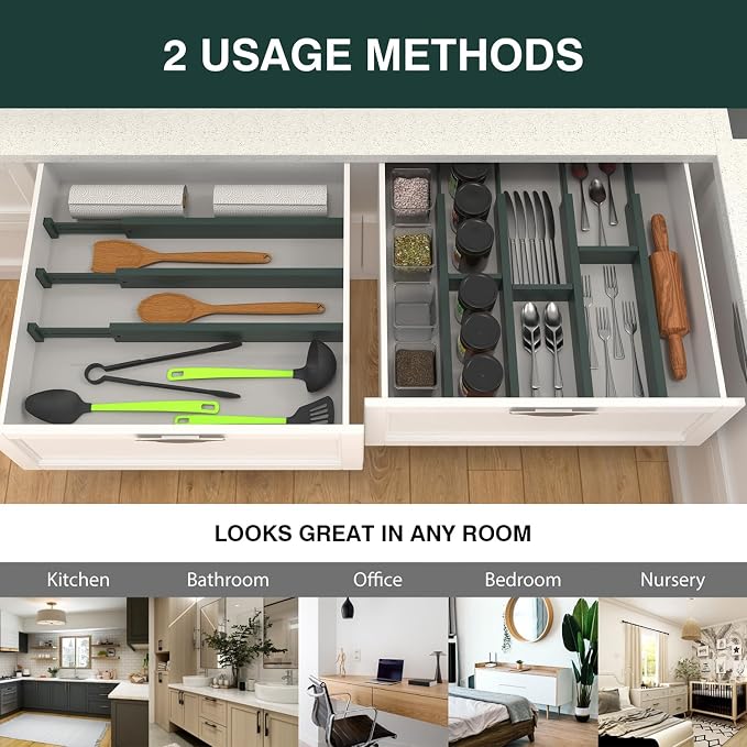 Expandable Bamboo Drawer Dividers Organizers, Drawer Separators Splitter,17-22 inches Long Adjustable Spring-loaded Organizer for Large Utensil, Clothes, Tools(Dark Green) - Image 7