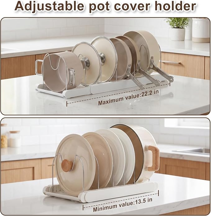 Expandable Pots and Pans Organizer Under Cabinet | 7 Stainless Steel Dividers, 13-22 inch Heavy Duty Pan Rack with Lid Holder, Pot Organizer Inside Cabinet for Kitchen Storage - Image 5