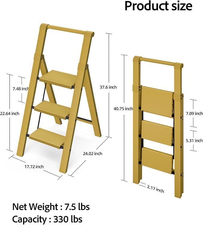 Taranta 3 Step Ladder,Aluminum Step Stool Foldable-Twilight Yellow | Lightweight Folding Ladder with Handgrip,Wide Top Pedal,330lbs Capacity Stepladder for Home,Office,Kitchen - Image 6
