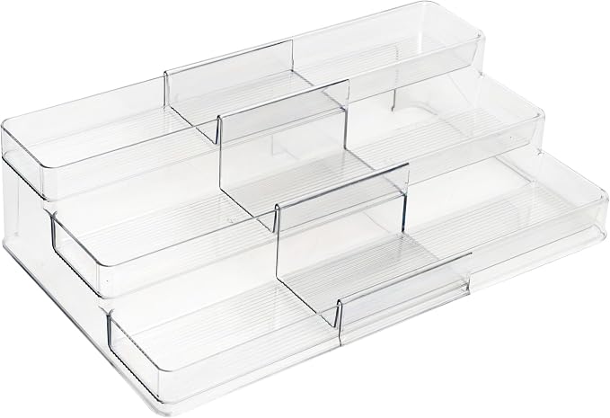Dial Industries 3 Tier Expandable Kitchen Cabinet Shelf Organizer, Clear | Slides open to fit narrow or wide cabinets, Adds extra levels for canned goods and jars, Great for pantry, cupboard or closet by DialIndustries