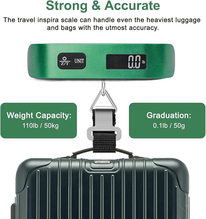 travel inspira Luggage Scale, Portable Digital Hanging Baggage Scale for Travel, Suitcase Weight Scale with Rubber Paint, 110 Pounds, Battery Included - Image 3