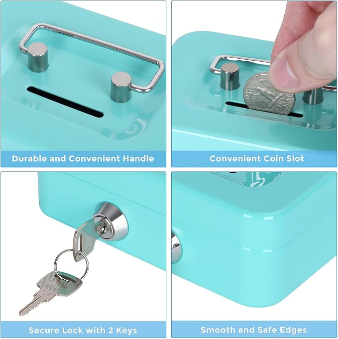 Cash Box with Lock Small Cute Coin Lock Box with Money Slot Mini Portable Winners Bank Safe Box 4.5"x3.4"x2.4" Green - Image 3
