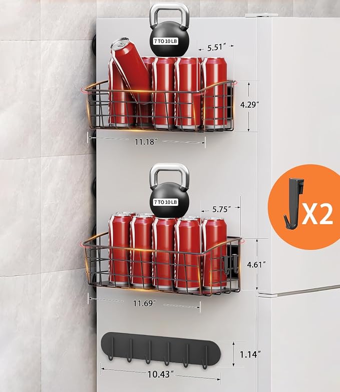 2Pack Magnetic Shelf for Refrigerator with 2 Moveable Hooks and 1 Hook Rack | Strong Magnetic Spice Rack for Kitchen Storage, Fruit Potato Onion Storage Shelves, Large Magnetic Basket Organizer - Image 3