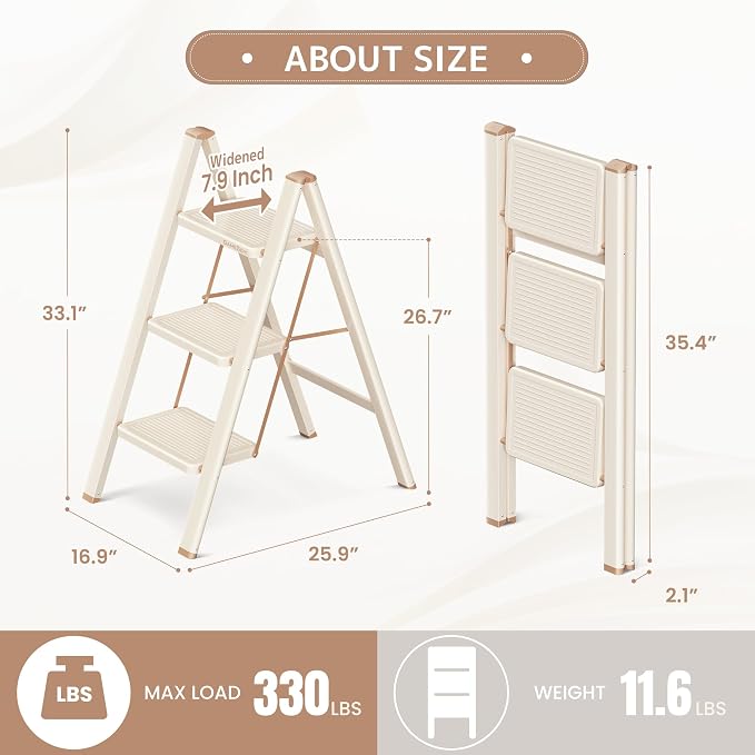 3 Step Ladder, Foldable Step Stool with Wide Anti-Slip Pedal | Portable, Sturdy Carbon Steel, 330LBS Capacity, Easy Storage, Space Saving, for Kitchen, Closet, Cream Chocolate - Image 7