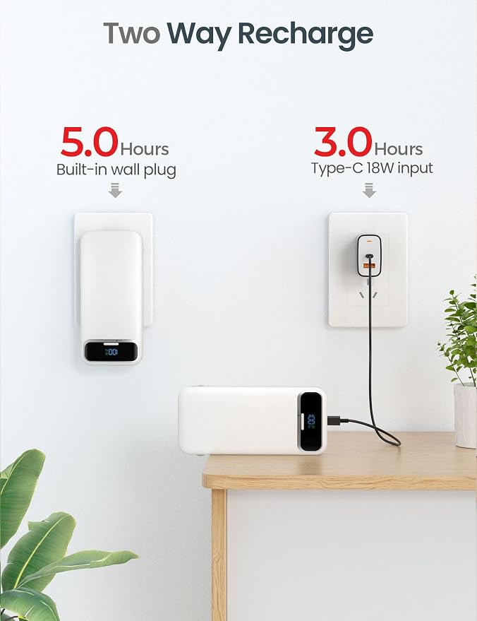 aonidi Portable Charger 12000mAh with Built-in Cables&AC Wall Plug, White | PD20W USB C Fast Charging,LED Display External Travel Power Bank,TSA approved Battery Pack for All iPhone,Samsung,Android - Image 7