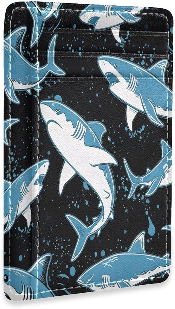 Front Pocket Minimalist Leather Slim Wallet Credit Card Holder Blue Shark for Men & Women by Unknown