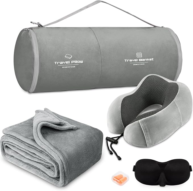 urnexttour Travel Pillow and Blanket Set Neck Pillow Airplane Foam Grey | 43x60 Inch Plane Blanket, Traveling Compact Storage Bag, Eye Mask, and Earplugs for Ultimate Flight Comfort, Women and Men by Urnexttour