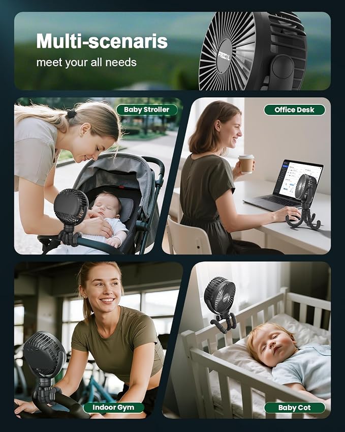 FRIZCOL Portable Stroller Fan, Use As Power Bank, 65H 12000mAh Battery Operated Fan Flexible Tripod Baby Car Seat Fans with Timming, Personal Mini Handheld/Desk/Small Clip On Fans For Stroller - Image 9