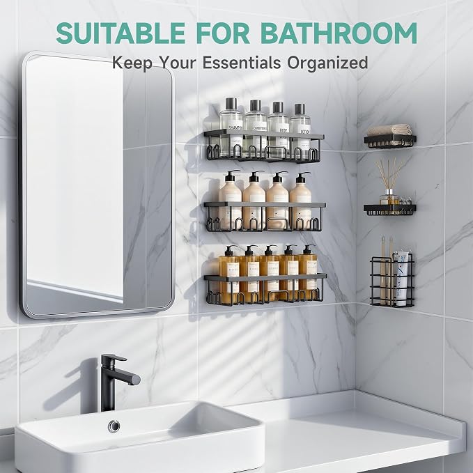 Veken Shower Caddy 6-Pack, Bathroom Organizers and Storage Shelves, Black | Advanced Rustproof Design, Large Capacity, No Drilling, Adhesive Rack with Soap Holder, Wall-Mounted Kitchen & Home Decor - Image 5