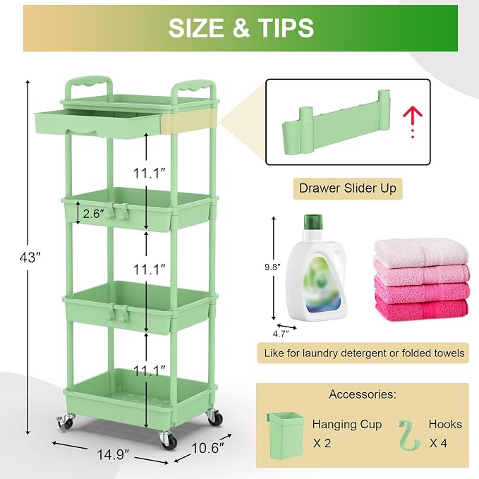Goovilla 4 Tier Rolling Utility Cart Organizer with Removable Drawer, Green | Stable and Sturdy Rolling Storage Carts with 2 Lockable Wheels for Bathroom, Kitchen, Snack, Craft, Makeup, Baby Essentials - Image 4
