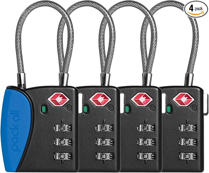 pack all TSA Approved Travel Luggage Locks, Resettable 3-Digit Code | Open Alert Indicator, Flexible Steel Cable, Zinc Alloy Body, Clear Number Dials, For Suitcase, Toolbox, Backpack, 4 Pack by packall