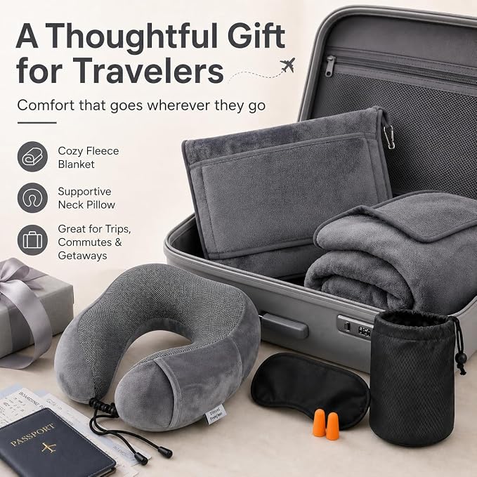 Travel Blanket and Pillow Set - Neck Pillow Airplane Essentials, Dark Grey | Memory Foam, Sleep Mask, Earplugs with Bag, Fleece Soft Comfort for Long Plane Flight Traveling Car Road Trip Flying - Image 7