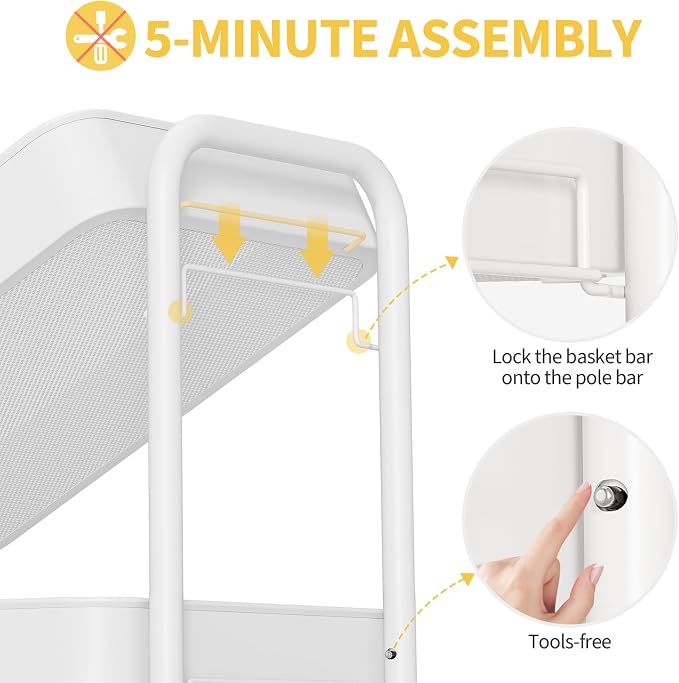 TOOLF 5-Tier Metal Rolling Cart with Wheels, Storage Utility Organizer Cart for Kitchen, Bathroom, Office, Baby Essentials & Makeup - Lockable Casters, Easy Assembly, Large Capacity, White - Image 4