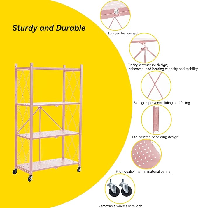 BRIAN & DANY 4-Tier Foldable Storage Shelves with Wheels, Folding Metal Rack Shelving Unit, Heavy Duty No Assembly Organizer Shelf for Garage, Kitchen, Basement, Pantry, Pink - Image 4