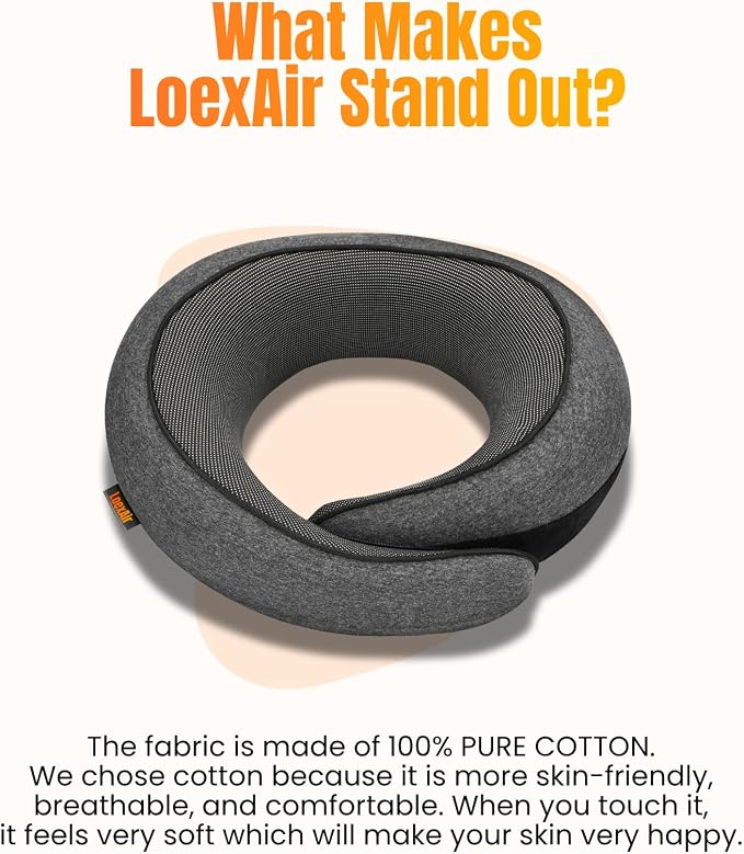 LOEXAIR™ Travel Pillow, Neck Pillow Travel for Airplane, Car - 100% Cotton Fabric & Memory Foam Plane Pillow, Lightweight & Easy-to-Carry on Flight, Full Travel Set (Eye Mask, Earplugs) - Dark Grey - Image 8