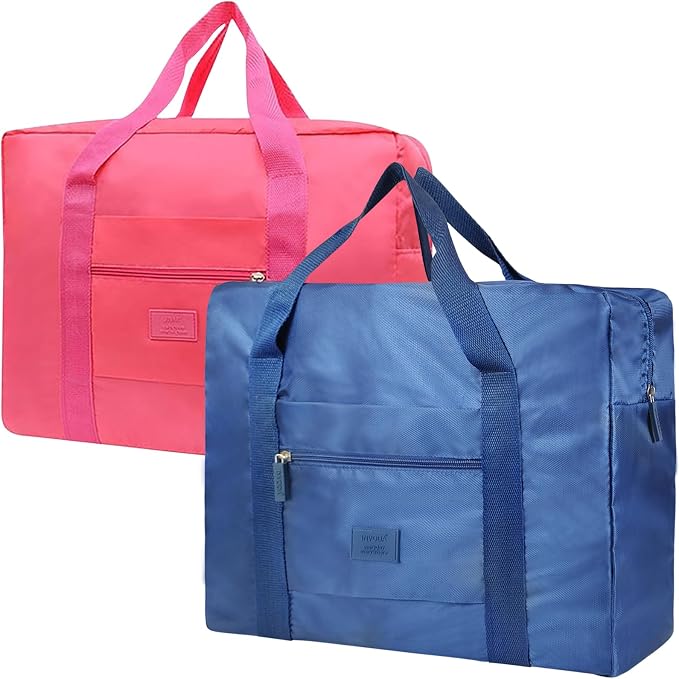 Travel Duffel Bag 2 PCS Carry on Luggage Bag Foldable Travel Tote Bag Waterproof Sports Gym Bag Lightweight Large Weekender Overnight Bag for Women and Men (Blue+Red) by INVODA