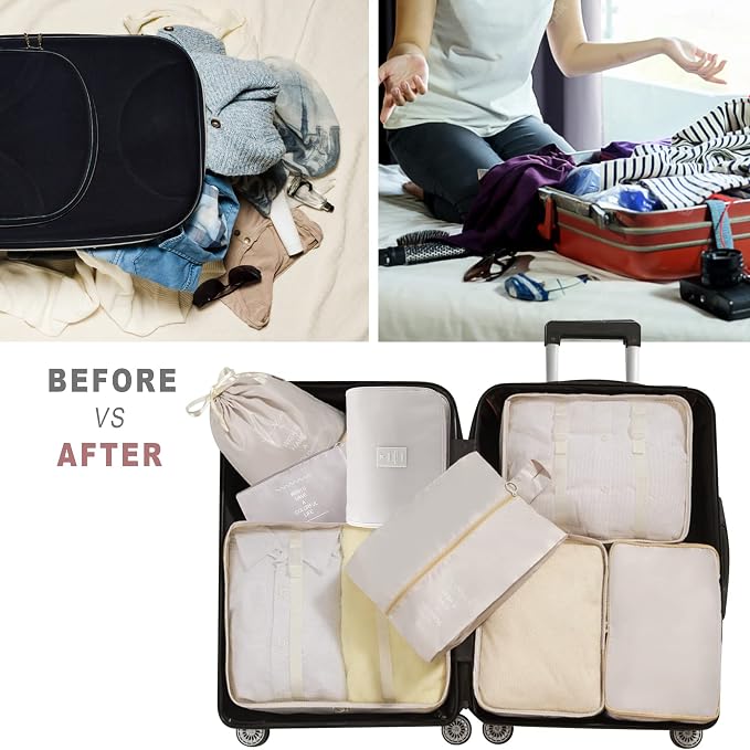 Packing Cubes, 8 Pcs Travel Packing Organizers for Suitcases, Large Capacity Travel Luggage Organizers Set includes 8 Storage Bags (Beige) - Image 5