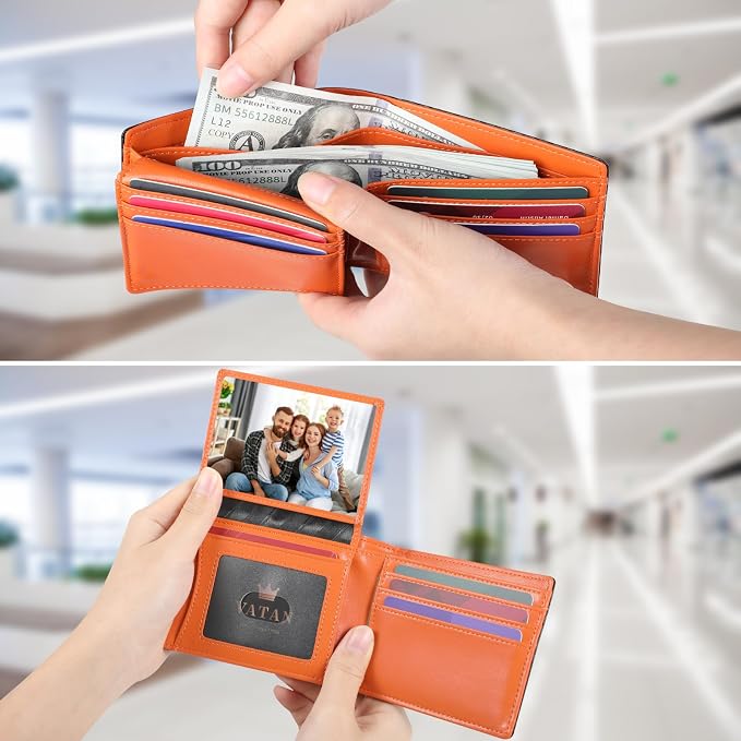 VATAN Wallet for Men Slim RFID Blocking Leather Credit Card Holder Wallet for 15 Cards, Bifold Minimalist Thin Wallet with 2 ID Windows & Cash Slot, With Gift Box (Carbon Black and Orange) - Image 3